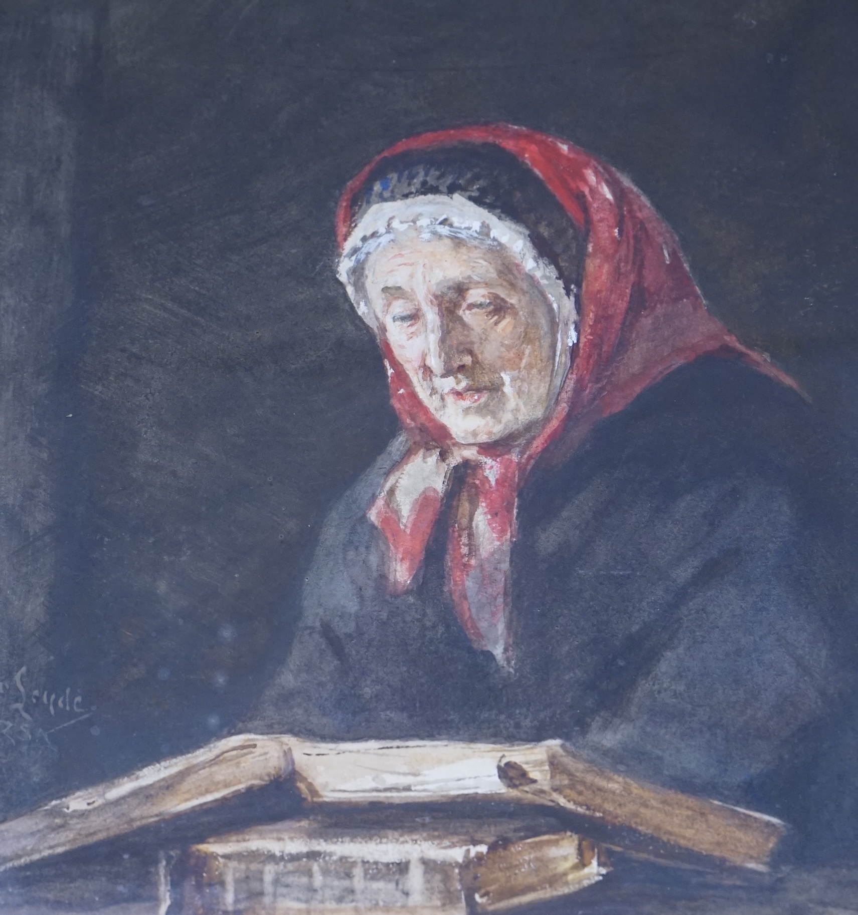 Otto Theodor Leyde R.S.A (1835-1897), watercolour, Study of an elderly woman reading, signed, 28.5 x 23cm, ornate gilt framed. Condition - good